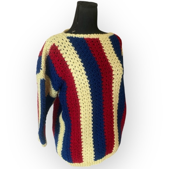 Hand Crochet Striped Multicolor Pullover Sweater Fits NEW Women’s Size S/M - Picture 7 of 9